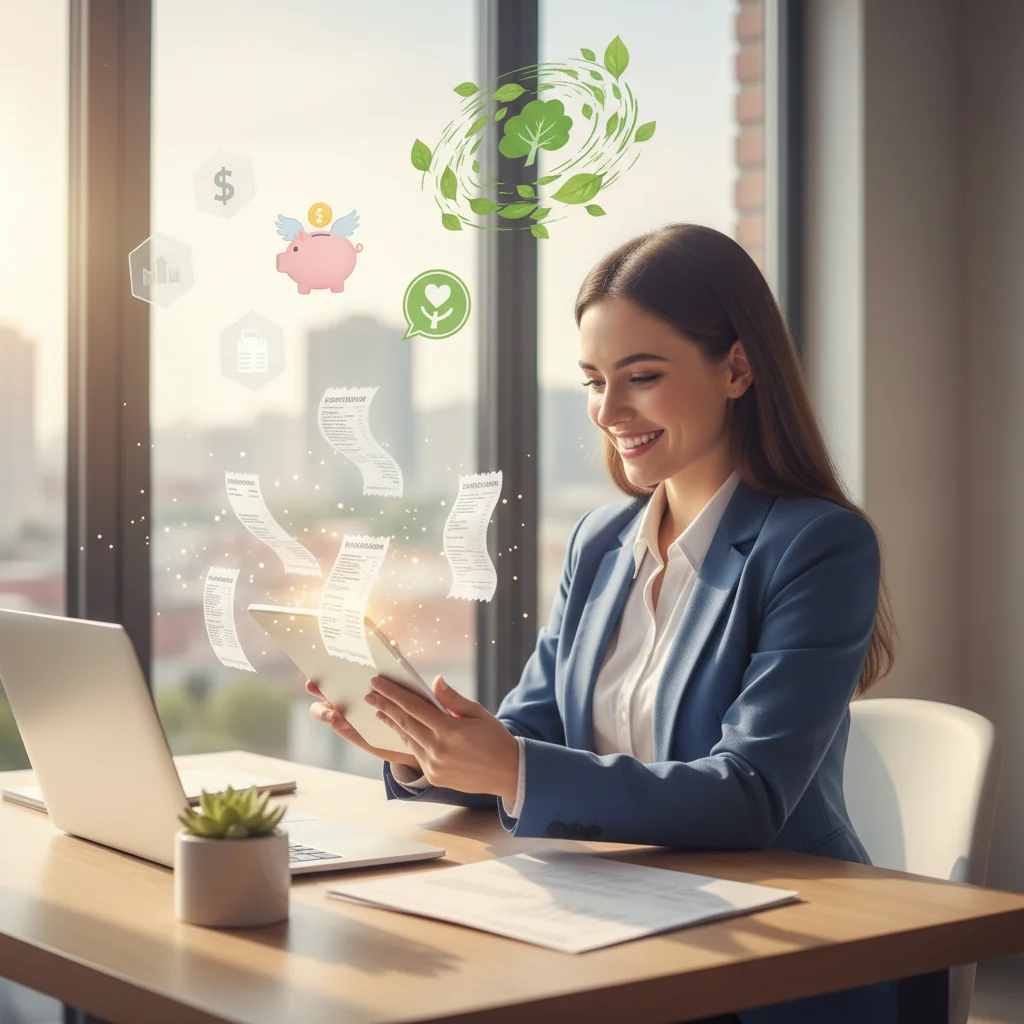 A photorealistic image depicting the benefits of electronic receipts in a modern office environment, showing a professional businessperson efficiently managing digital transactions on a tablet or smartphone, with subtle icons of paperless savings and environmental friendliness in the background, conveying efficiency and innovation without focusing on the document itself.