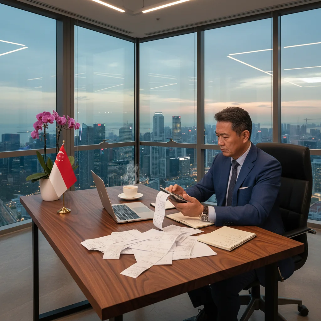 A photorealistic image of a professional businessperson in a modern Singapore office, reviewing financial documents and receipts on a desk with a laptop, symbolizing tax management for businesses, no children present.