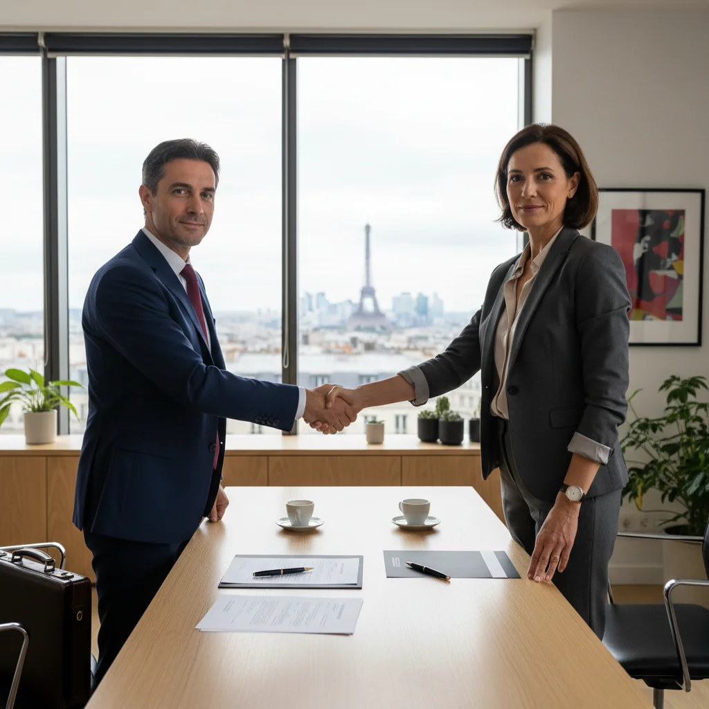 A photorealistic image of an adult employee in a professional office setting, shaking hands with their employer across a desk, symbolizing the final settlement and closure of employment in France, with subtle French elements like a flag or Eiffel Tower in the background. No children present.