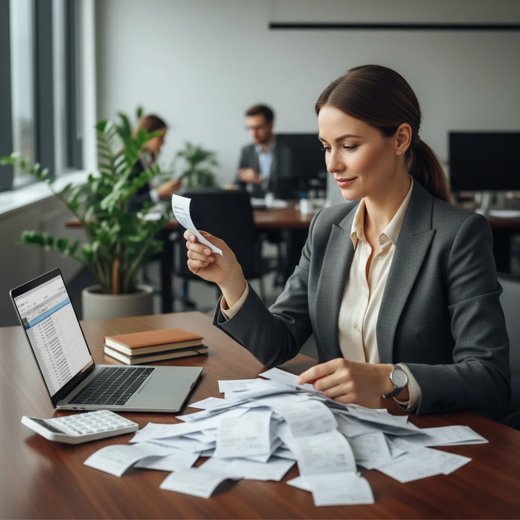 A photorealistic image of a professional businesswoman in a modern office, handing a printed receipt to a satisfied customer at a retail counter, symbolizing proper issuance and management of business receipts in the US, with no children present.