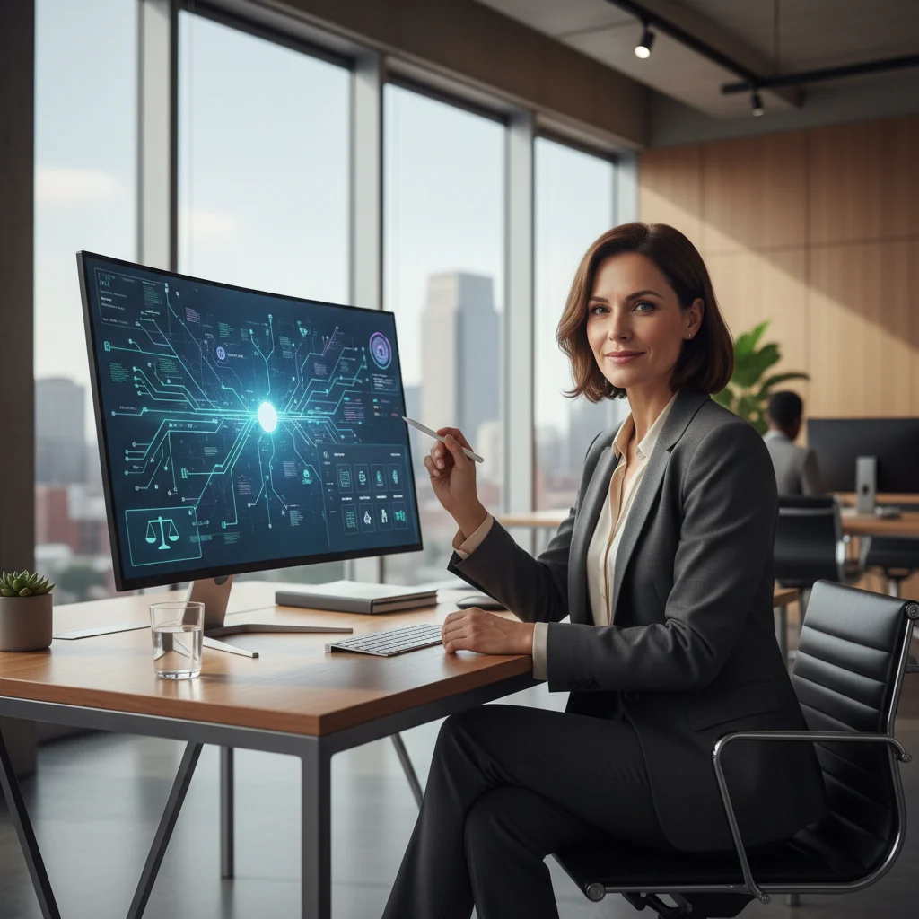 A photorealistic image of a professional businesswoman in a modern office setting, reviewing digital invoices on a computer screen, symbolizing electronic billing and legal compliance in invoicing processes. The scene conveys efficiency and modernity in financial documentation without showing any actual documents.