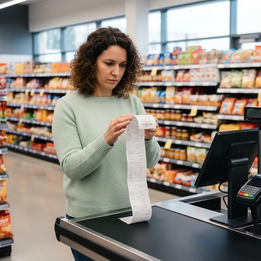 A photorealistic image of an adult person in a modern retail store, carefully reviewing a printed receipt from a shopping transaction, with shopping bags nearby, emphasizing the practical use and verification of receipts in everyday consumer scenarios.
