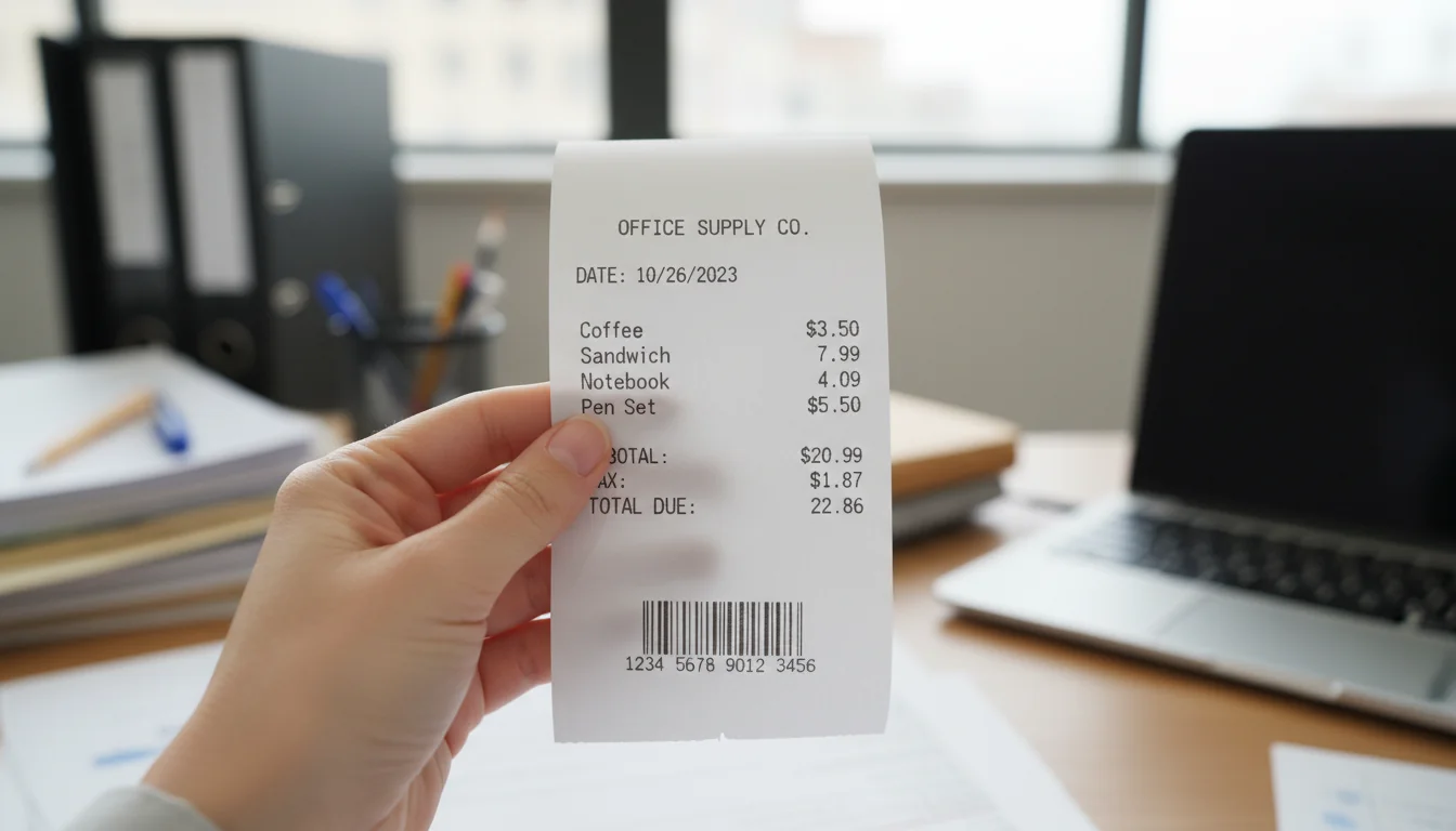 Hand holding detailed receipt with items.