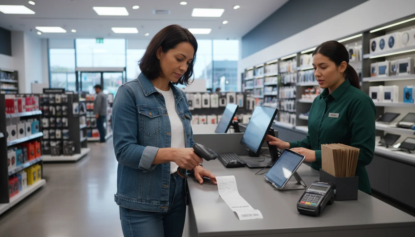 Person scanning receipt at store counter.