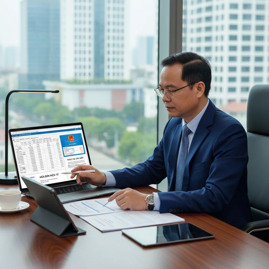 A photorealistic image of a professional adult Vietnamese businessperson in a modern office setting, carefully reviewing financial transaction records on a computer screen, symbolizing the legal regulations for money receipts under Vietnamese law. The scene conveys compliance, professionalism, and financial integrity, with subtle Vietnamese cultural elements like a flag or traditional decor in the background. No children are present in the image.