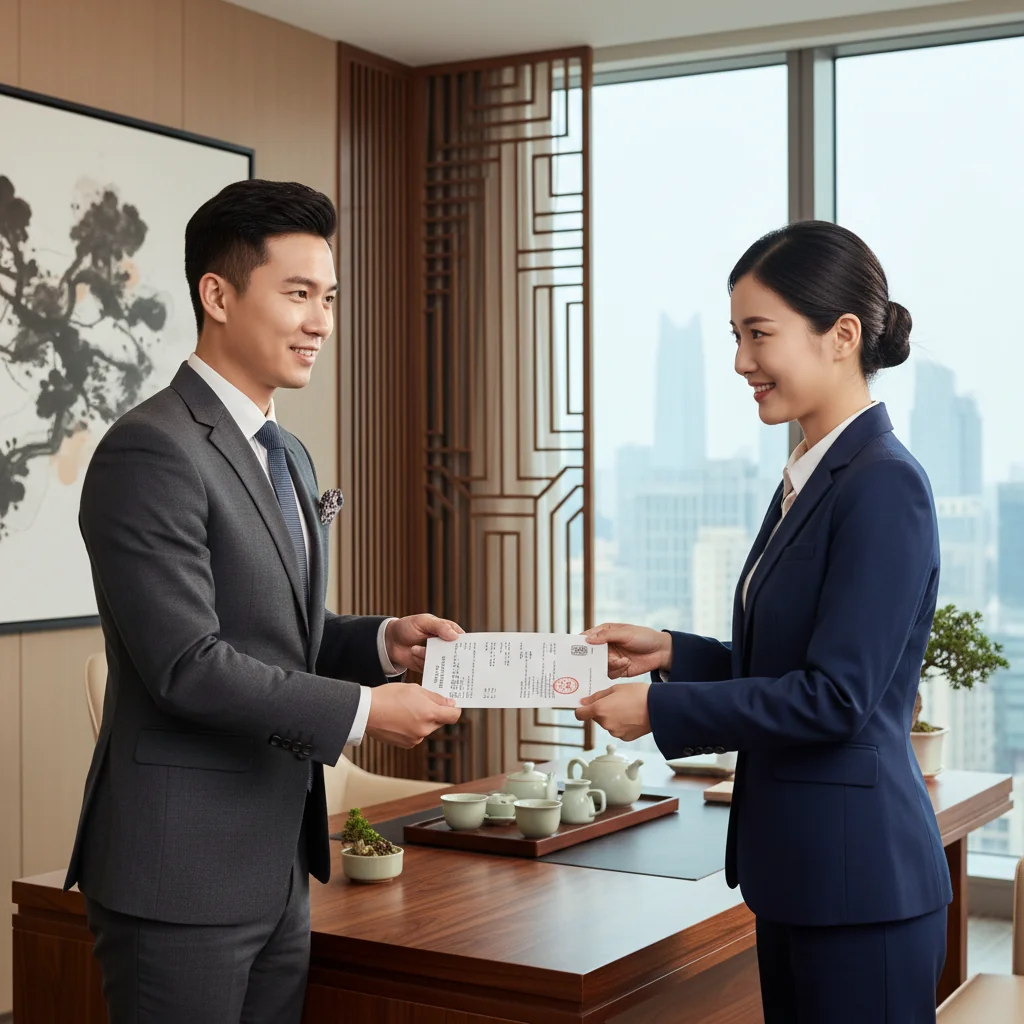 A professional office setting in China where a business professional is handing over a formal receipt to a satisfied customer during a transaction, symbolizing trust and compliance in financial documentation, photorealistic style.