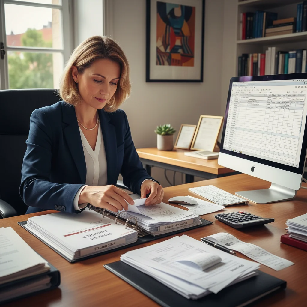 A photorealistic image depicting a professional adult individual in a modern German office setting, carefully organizing financial receipts and documents in a folder, symbolizing the importance of keeping receipts for tax and legal benefits, with subtle German elements like a flag or euro symbols in the background, conveying security and compliance.