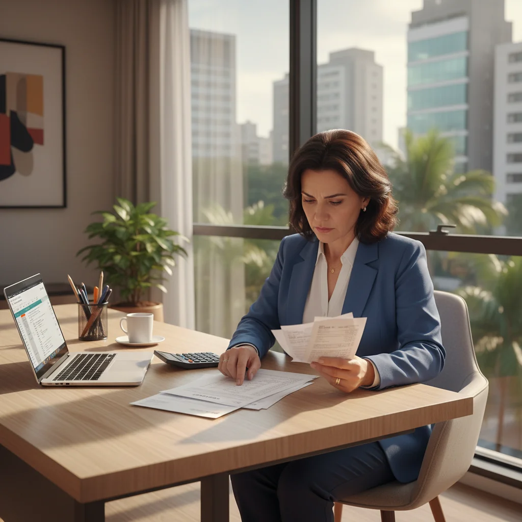 A photorealistic image of a professional adult Brazilian businessperson in a modern office setting, confidently reviewing financial documents on a desk with a calculator and laptop nearby, symbolizing the accurate issuance of receipts for business transactions.