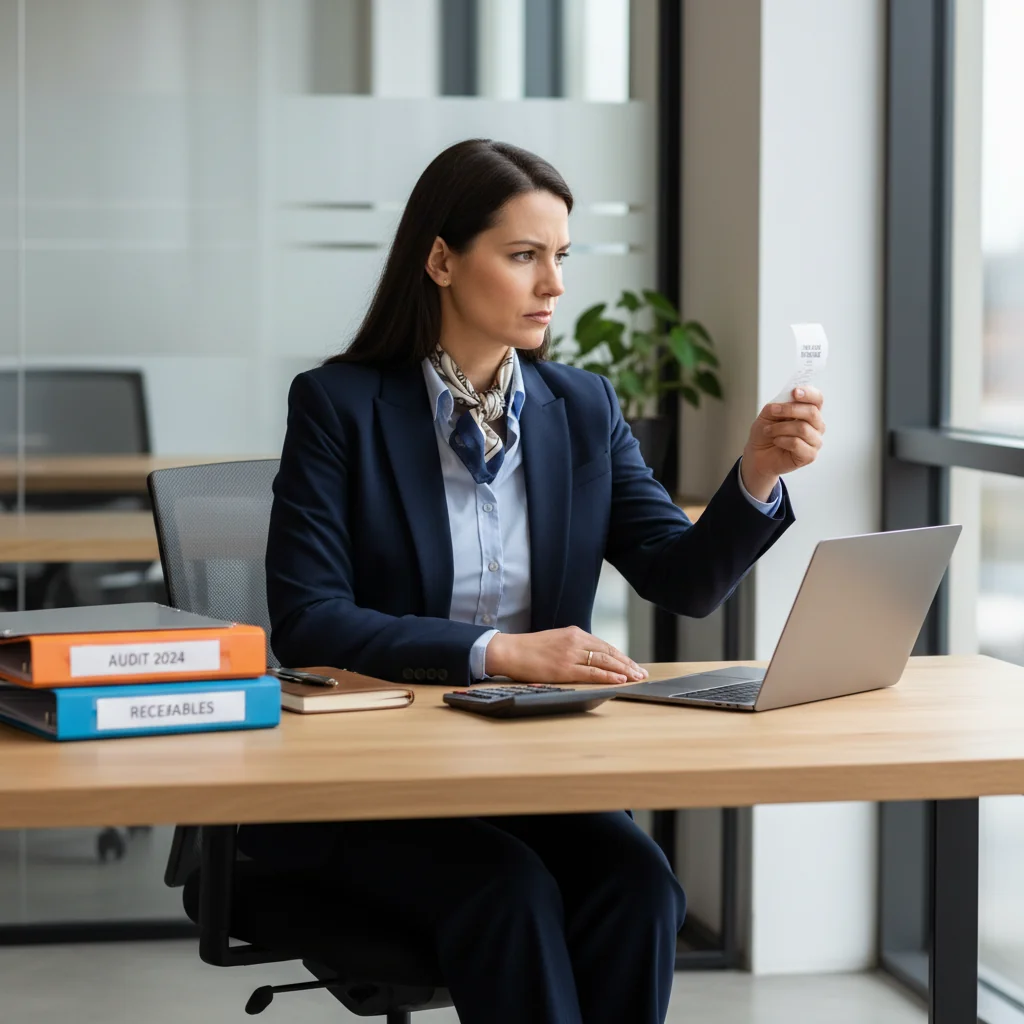 A photorealistic image of a professional businessperson in a modern office setting, carefully reviewing a paper receipt with a calculator and laptop nearby, symbolizing financial organization and compliance with legal standards for documentation in the United States.