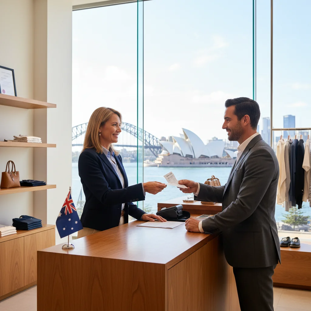 A photorealistic image of a professional Australian business owner handing a printed receipt to a satisfied adult customer at a retail counter in a modern store, symbolizing compliant and trustworthy business transactions, with Australian elements like a flag or map in the background, no children present.
