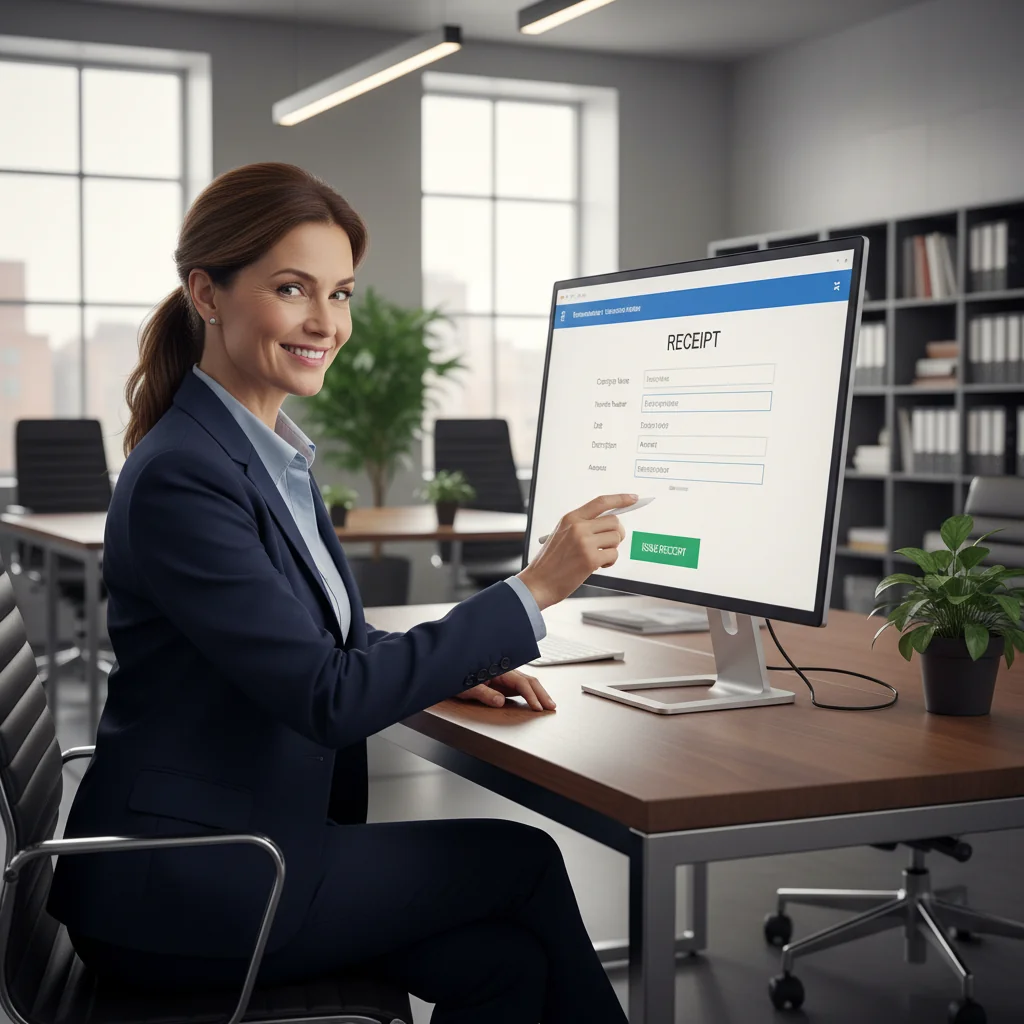 A photorealistic image of a professional adult in a modern office setting, confidently handling a financial transaction or receipt process on a computer, symbolizing the application and issuance of formal receipts. The scene conveys trust, efficiency, and business formality, with no children present.