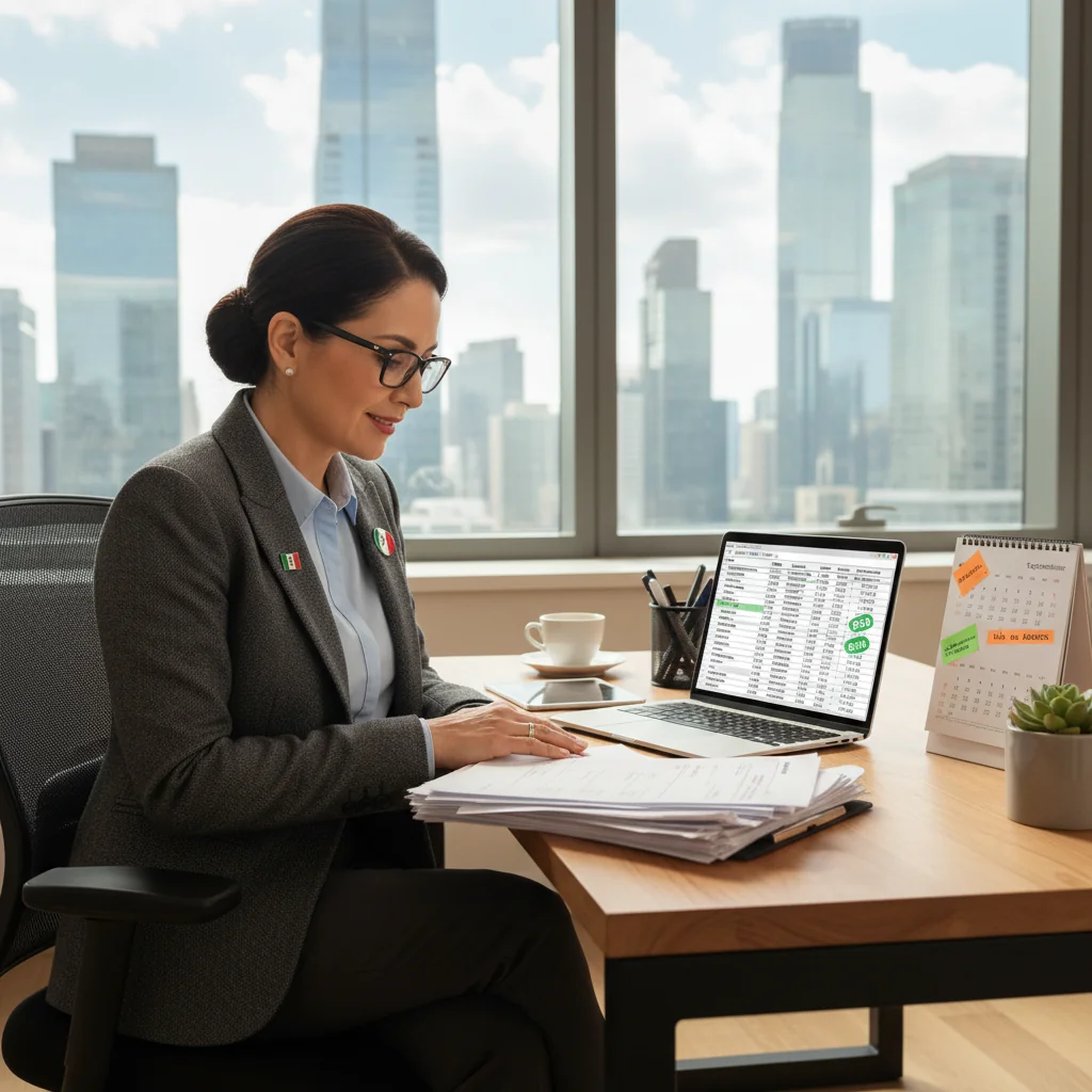 A professional businessperson in a modern Mexican office setting, confidently reviewing financial documents on a computer, symbolizing the process of issuing invoices in Mexico. The scene conveys efficiency, compliance, and success in business administration, with subtle Mexican cultural elements like a flag or traditional decor in the background. No children are present. The image is photorealistic, capturing natural lighting and realistic details.