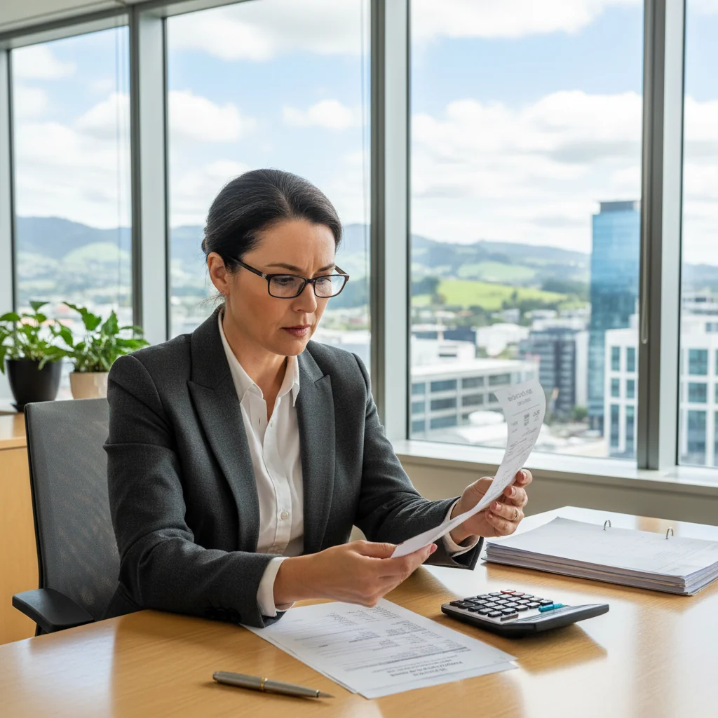 A photorealistic image of an adult professional in a New Zealand office setting, carefully reviewing financial documents on a desk with a scenic view of Auckland skyline in the background, symbolizing attention to detail in formal receipts to avoid common mistakes.