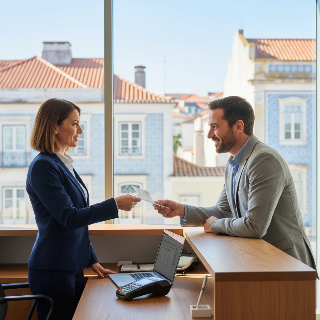 A photorealistic image of a professional adult woman in a modern Portuguese office, confidently handing a receipt to a satisfied adult customer across a desk, symbolizing accurate financial documentation and business trust in Portugal, with subtle Portuguese elements like a flag or Lisbon skyline in the background. No children present.