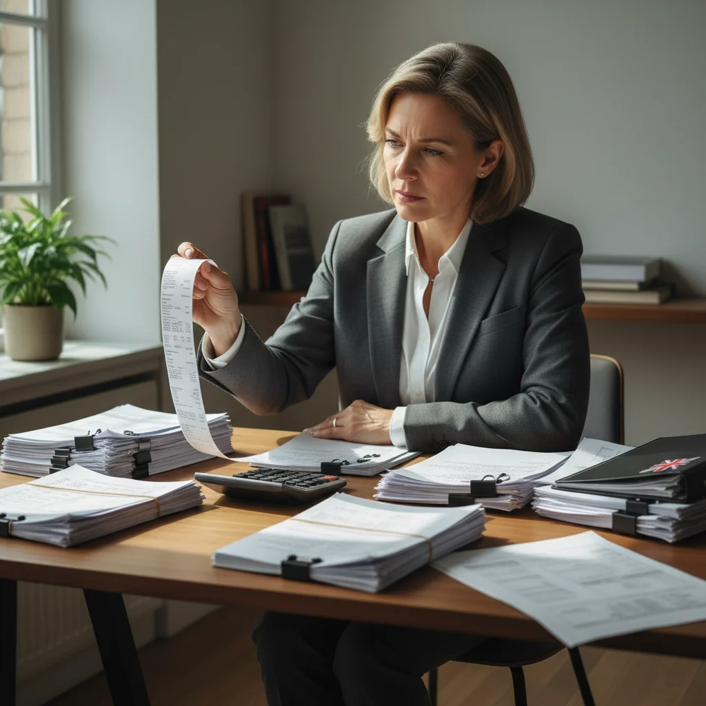 A photorealistic image of a professional businessperson in a modern office environment, carefully reviewing financial documents and receipts on a desk, symbolizing compliance with UK business receipt requirements. The scene conveys organization, professionalism, and attention to detail in business administration.