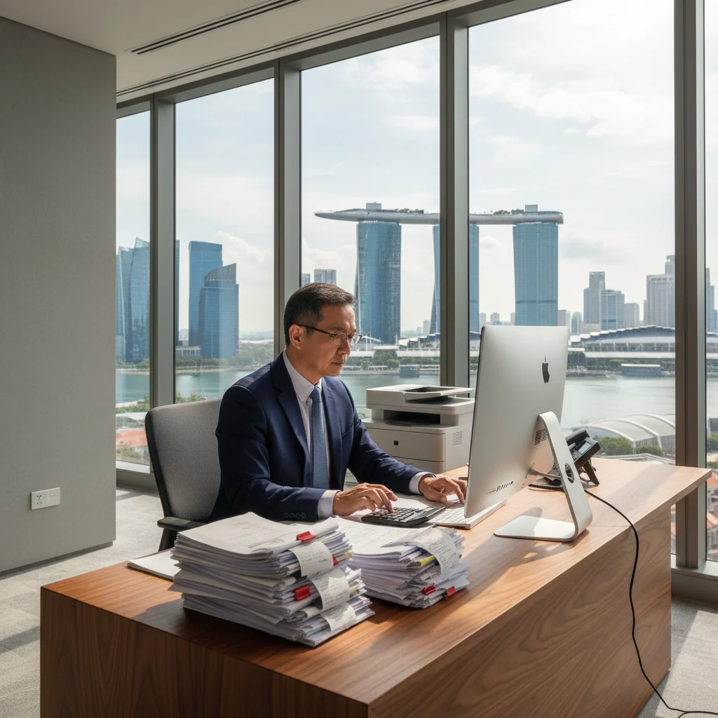 A photorealistic image of a professional Singaporean businessperson in a modern office setting, carefully organizing and managing financial documents on a desk, symbolizing the proper issuance and management of receipts, with subtle Singaporean elements like a city skyline view in the background. No children are present in the image.