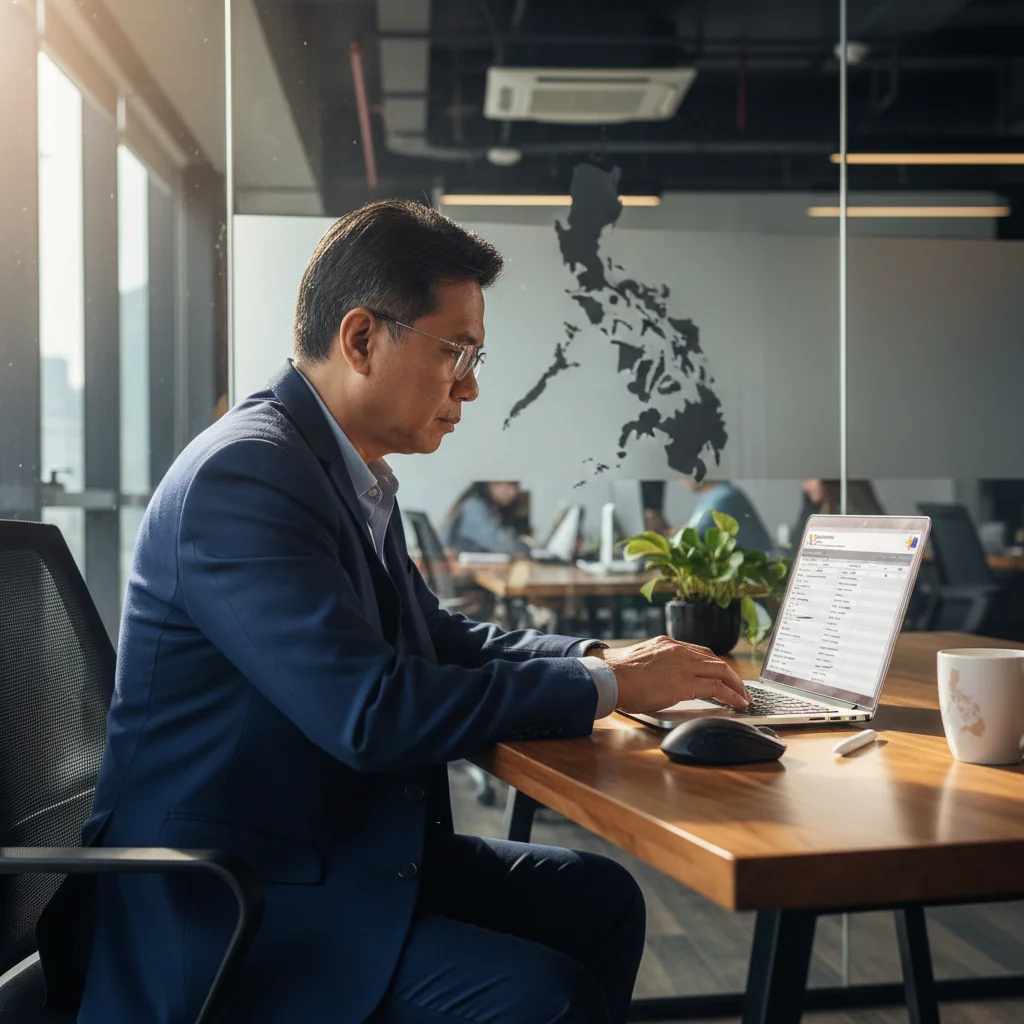 A photorealistic image of a professional adult Filipino accountant in a modern office in the Philippines, confidently reviewing financial documents on a computer while ensuring compliance with tax regulations, symbolizing official receipt issuance for BIR compliance. The scene conveys accuracy and professionalism in business taxation.
