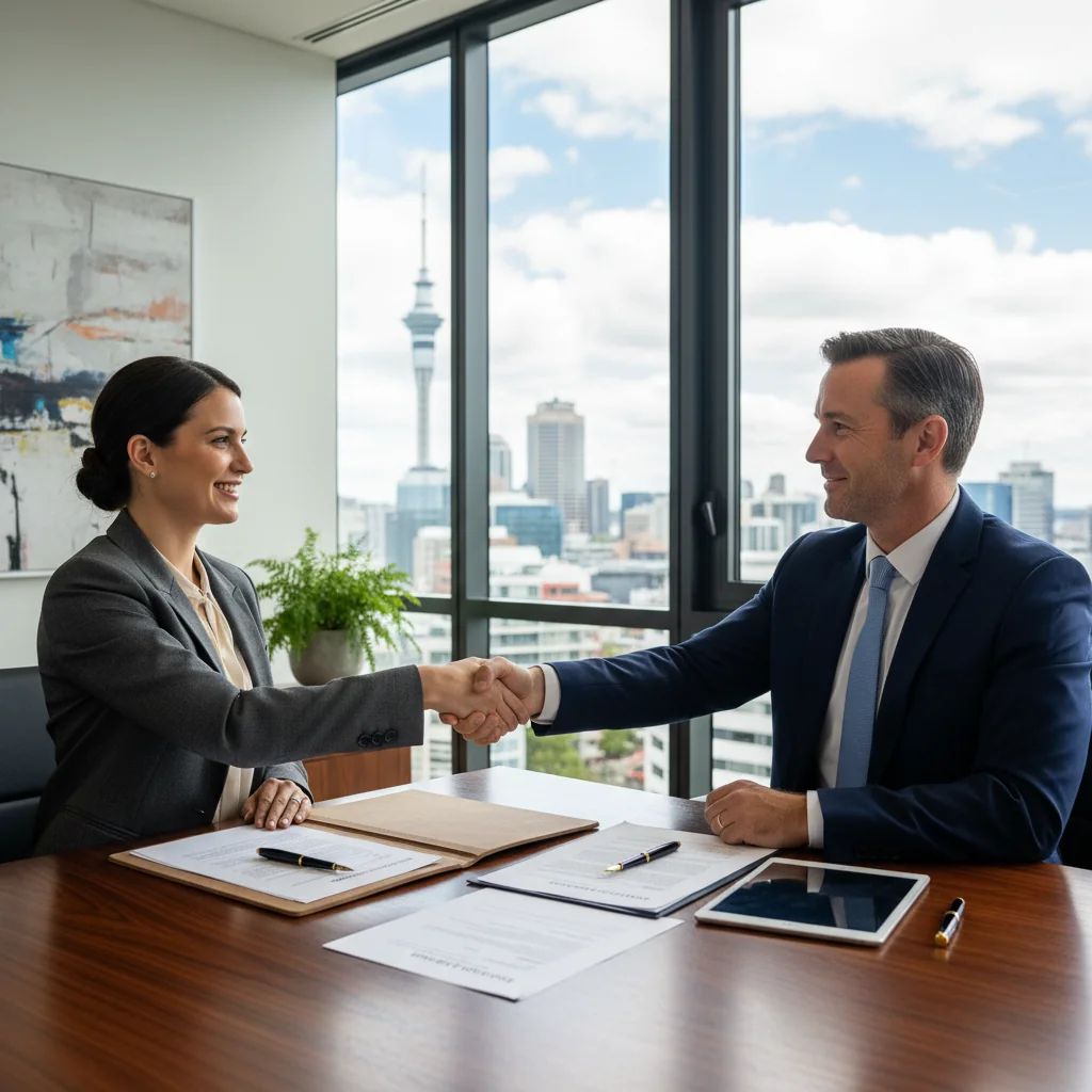 A photorealistic image of a professional adult in a modern New Zealand office setting, shaking hands with a business partner over a desk, symbolizing the completion of a formal transaction or agreement, with subtle NZ elements like a window view of Auckland skyline in the background. No children present. The image conveys trust, legality, and formality without showing any documents.