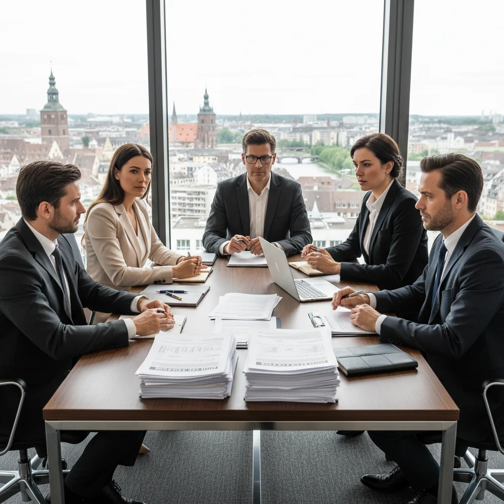 A photorealistic image of a professional business meeting in a modern German corporate office, with diverse adult professionals discussing documents around a conference table, symbolizing the process of quitting or terminating corporate agreements in Germany. The atmosphere is serious and collaborative, with elements like a German flag subtly in the background. No children are present in the image.