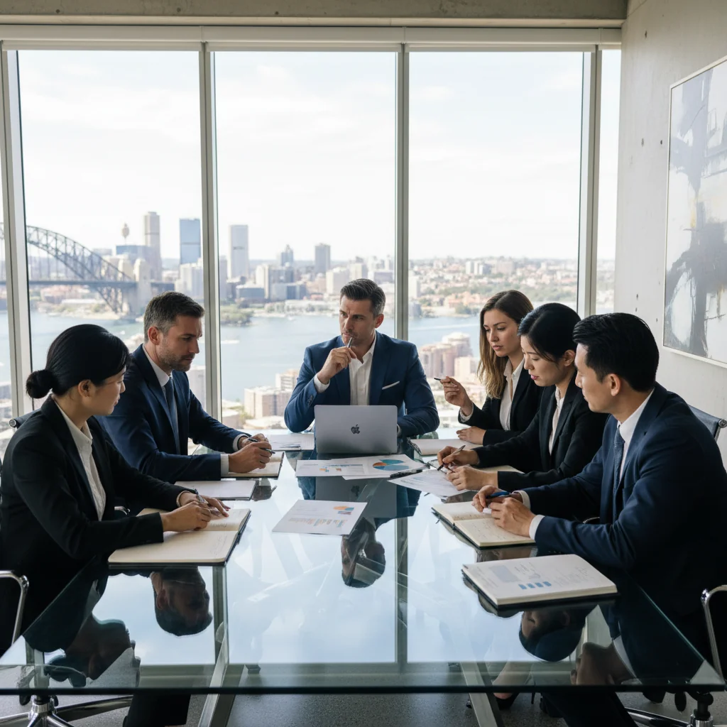 A photorealistic image of a professional business meeting in a modern Australian office, with adults in business attire discussing corporate documents around a conference table, evoking trust and compliance in business practices.
