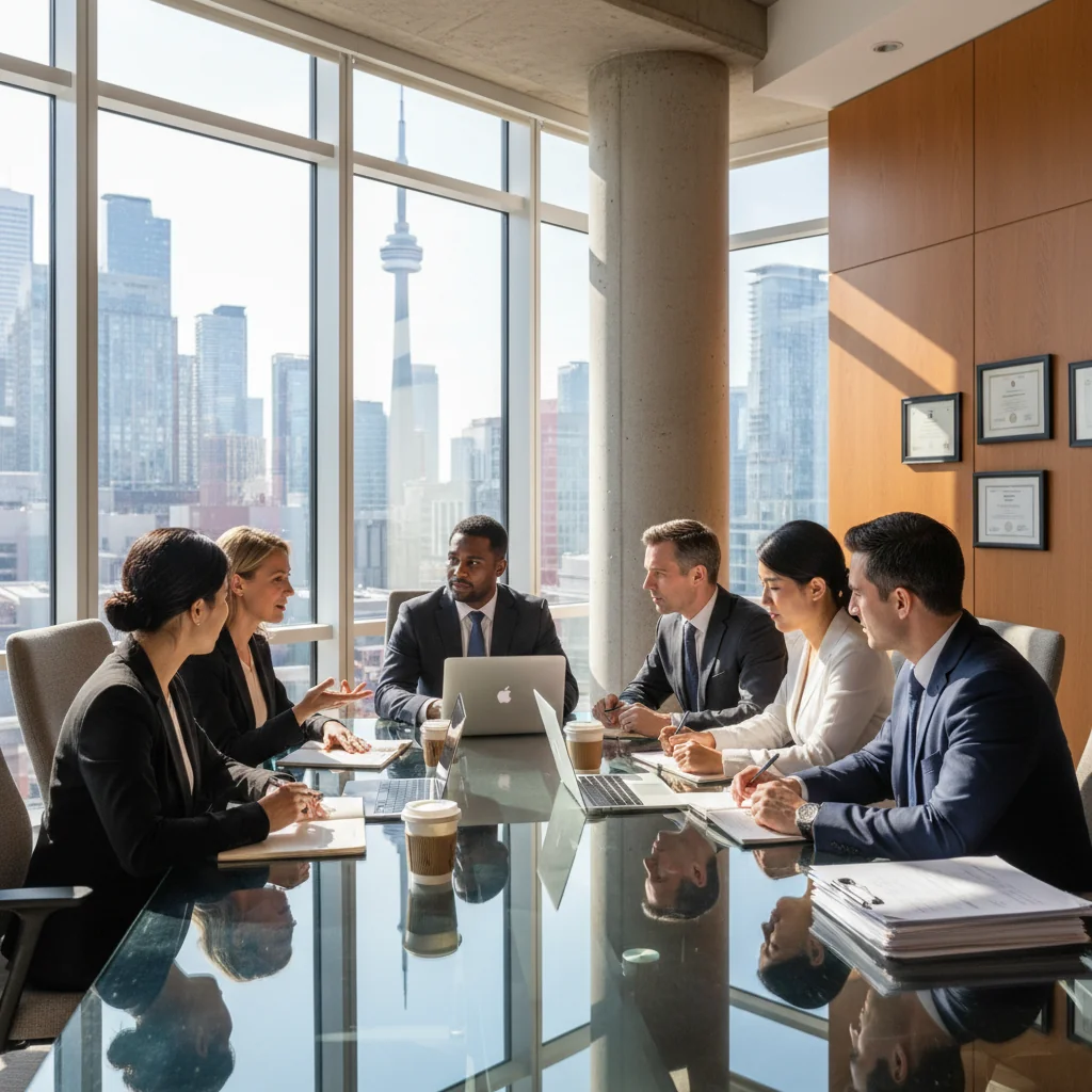 A photorealistic image of a professional business meeting in a modern Canadian office, with adults discussing corporate strategies around a conference table, symbolizing the organization and management aspects of corporate documents in Canada.