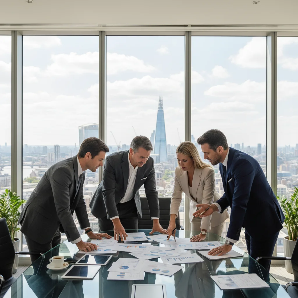 A professional business scene in a modern UK corporate office, featuring diverse adult professionals in suits reviewing documents at a conference table, with subtle UK elements like a Union Jack flag in the background, conveying themes of corporate compliance and documentation management.