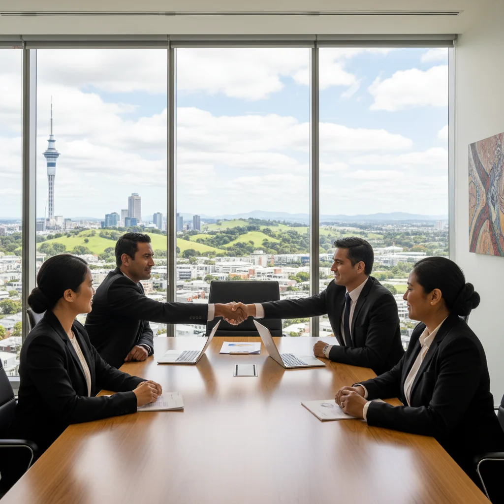 A professional business meeting in a modern New Zealand office, with adults shaking hands over a table, overlooking a scenic view of Auckland skyline or natural landscape, symbolizing formal corporate agreements and compliance.