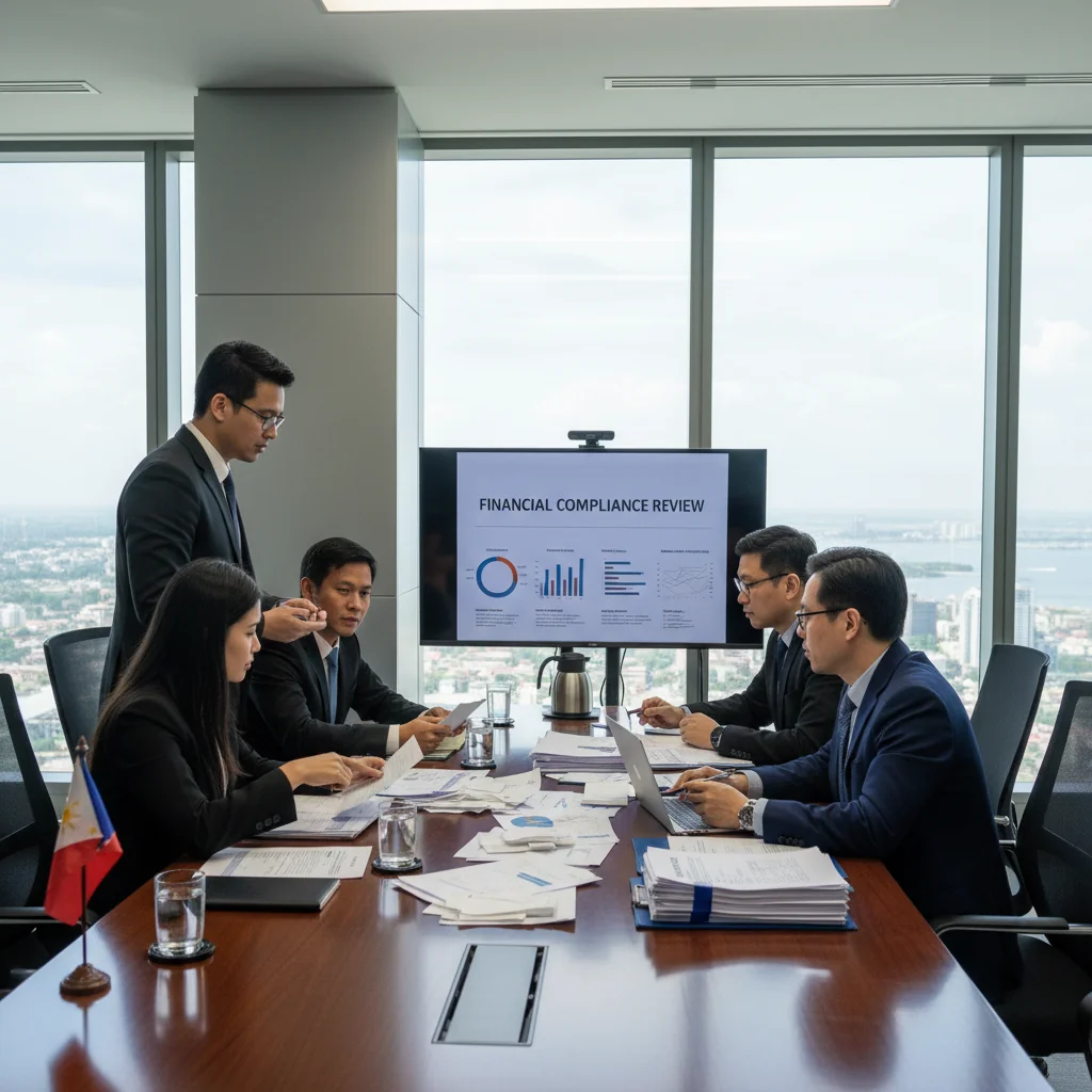 A photorealistic image of a professional business meeting in a modern Philippine corporate office, where adults are discussing financial documents and receipts, symbolizing official corporate compliance and business transactions in the Philippines, with elements like a Philippine flag or Manila skyline in the background, no children present.