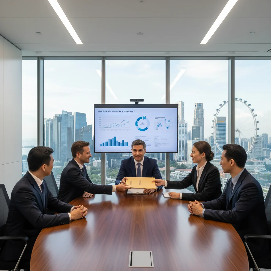 A photorealistic image of a professional business meeting in a modern Singapore office, with diverse adults shaking hands over a table, symbolizing corporate agreements and document handling, overlooking the city skyline with Marina Bay Sands in the background, no children present.
