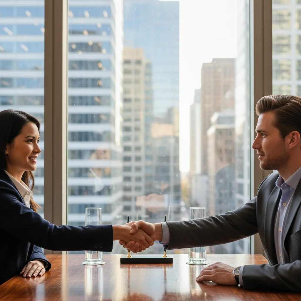 A photorealistic image of a professional adult shaking hands with another professional over a desk in a modern office setting, symbolizing the formal agreement and exchange represented by receipt legal documents in the United States, with no focus on any documents themselves.