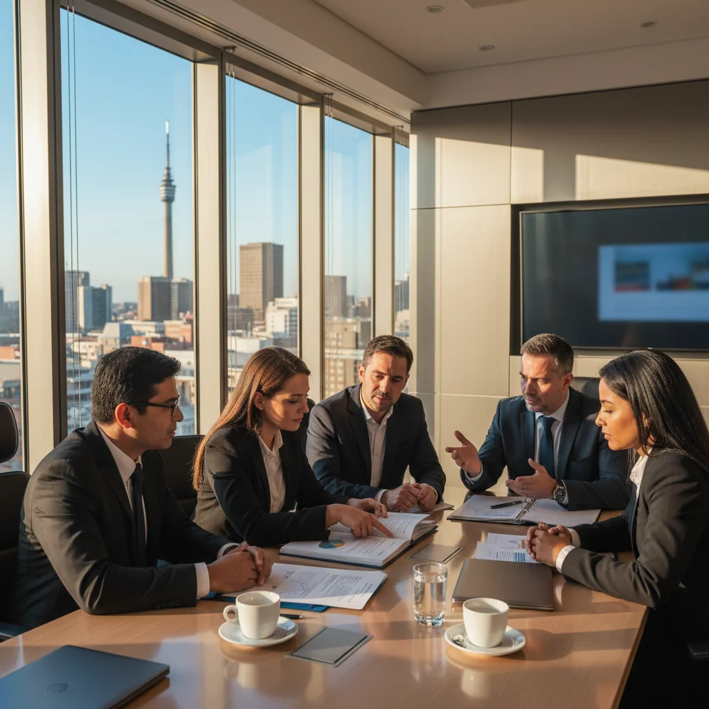 A professional business meeting in a modern South African corporate office, with diverse adult professionals discussing documents around a conference table, evoking trust and compliance in corporate affairs, no children present.