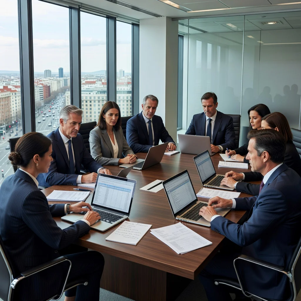 A photorealistic image of a professional business meeting in a modern Spanish office, with adults in business attire discussing corporate documents around a conference table, evoking themes of compliance and bureaucracy in Spain, no children present.