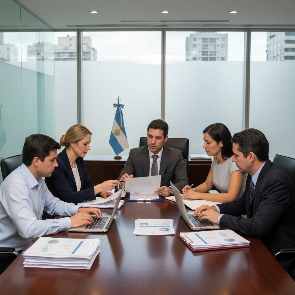 A photorealistic image of a professional business meeting in a modern Argentine office, with adults discussing corporate documents around a conference table, evoking trust and compliance in business administration. No children present.