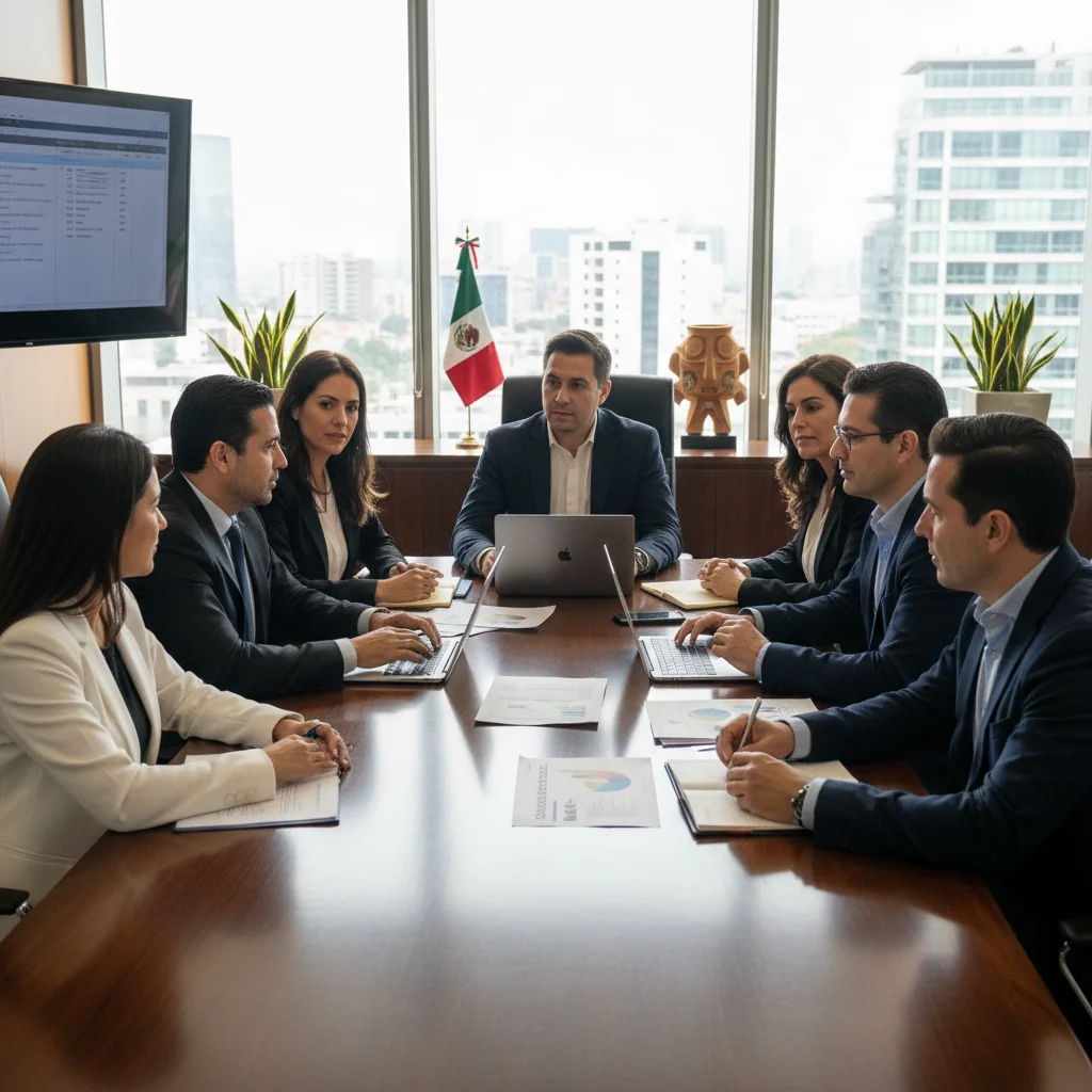 A photorealistic image of a professional business meeting in a modern Mexican office, with diverse adult business professionals discussing corporate documents around a conference table, evoking themes of compliance and business operations in Mexico.