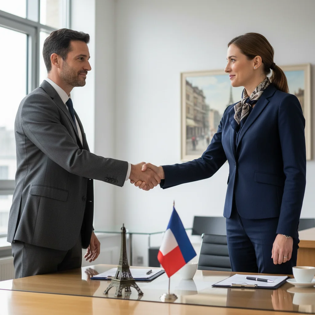 A photorealistic image depicting the conclusion of an employment relationship in a French corporate setting, showing a professional adult employee in business attire shaking hands with a corporate executive across a desk in a modern office, symbolizing the final settlement and agreement on all accounts, with subtle French elements like a flag or Eiffel Tower view in the background, no children present.