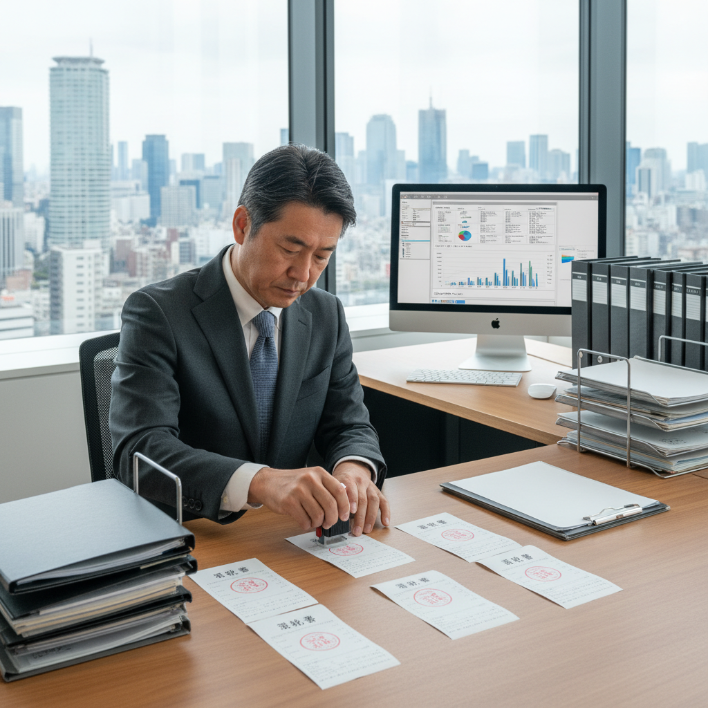 A photorealistic image of a professional adult Japanese businessperson in a modern office setting, carefully organizing and filing important receipts and financial documents on a desk, symbolizing the management and legal handling of 領収書 in Japan. The scene conveys trust, organization, and professionalism, with no children present.