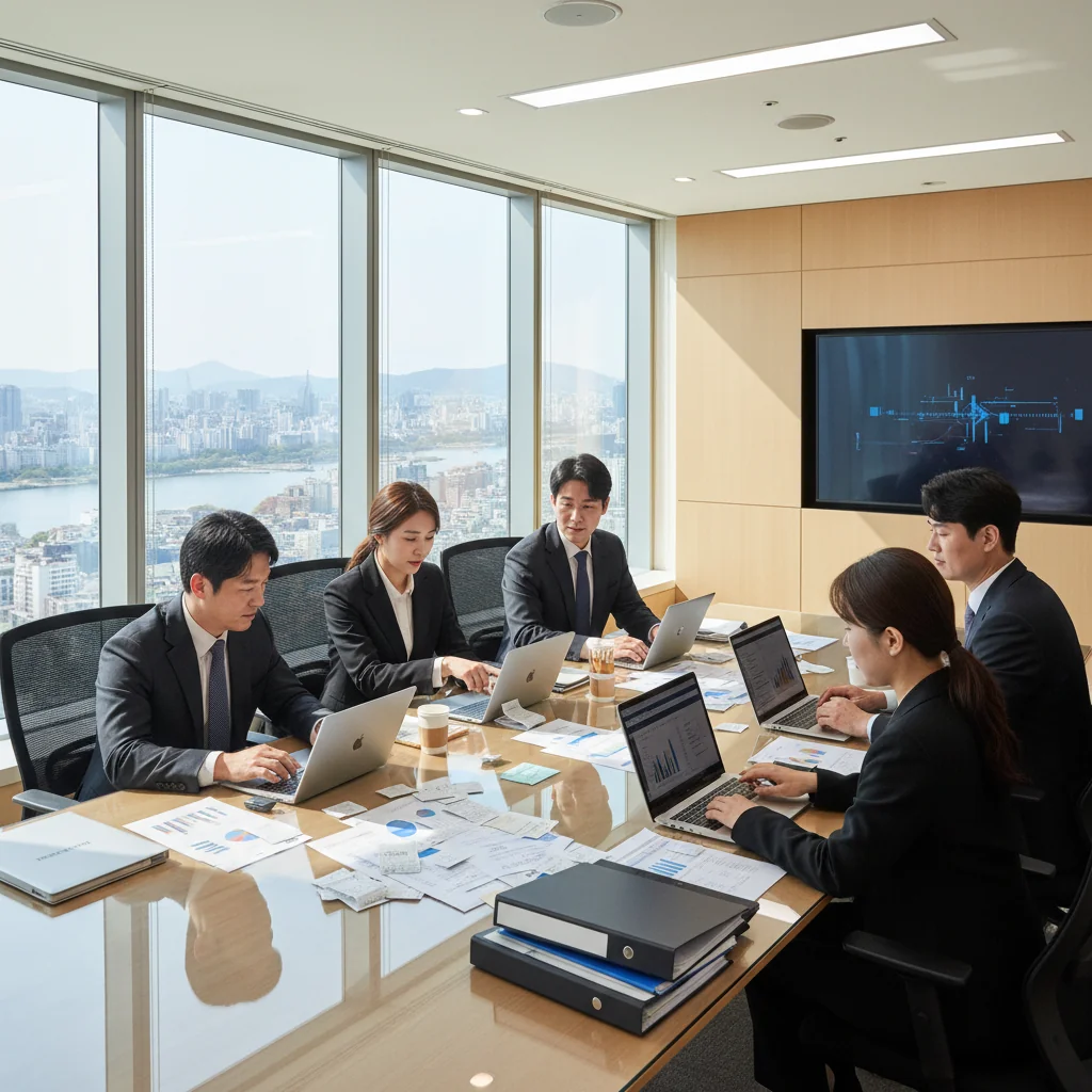A photorealistic image of a professional business meeting in a modern South Korean corporate office, where adults are discussing financial reports and receipts around a conference table, symbolizing the management of corporate documents like receipts in a business context.