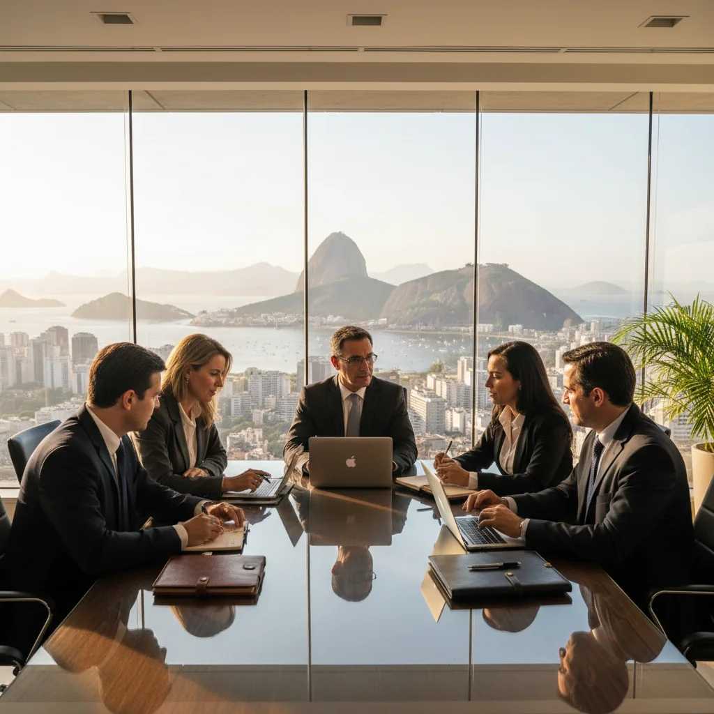A photorealistic image of a professional business meeting in a modern Brazilian office, symbolizing corporate documentation processes, with adults in business attire discussing around a conference table overlooking a cityscape of Rio de Janeiro.
