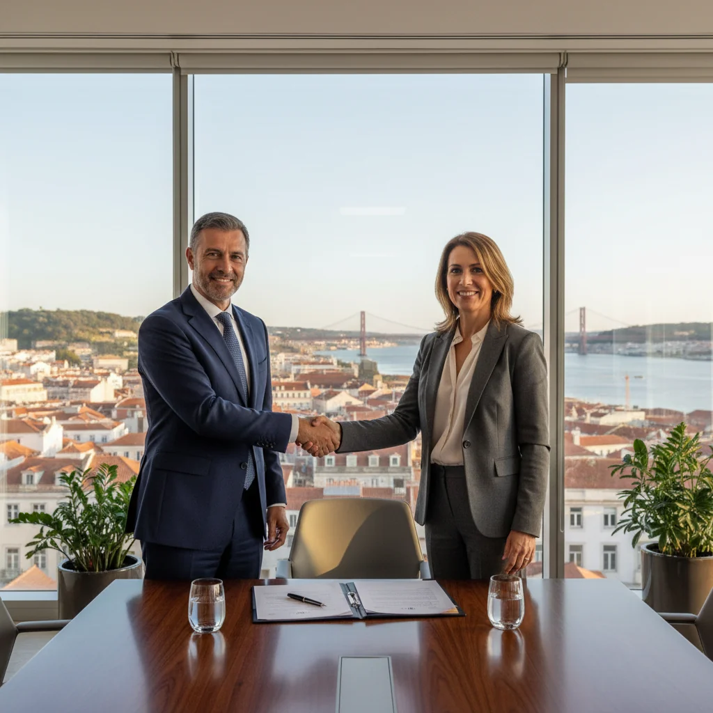 A professional scene in Portugal representing the concept of receiving legal documents, such as a businessperson in a modern office in Lisbon shaking hands with a lawyer, symbolizing agreement and formal receipt, with subtle Portuguese elements like a flag or architecture in the background, no actual documents visible, photorealistic style.