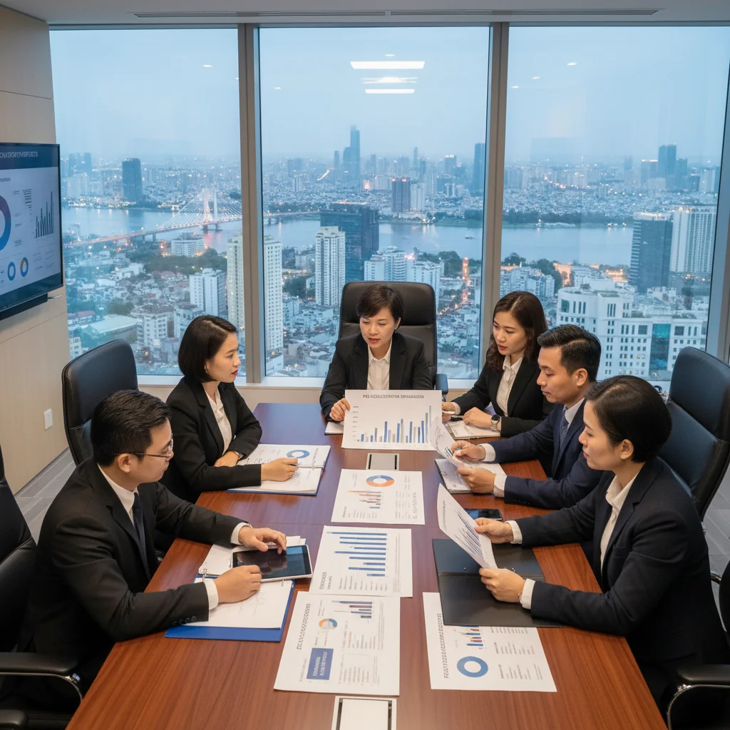 A photorealistic image of a professional Vietnamese business meeting in a modern office, where adults are discussing financial documents and transactions, symbolizing corporate fee collection services in Vietnam. No children present.