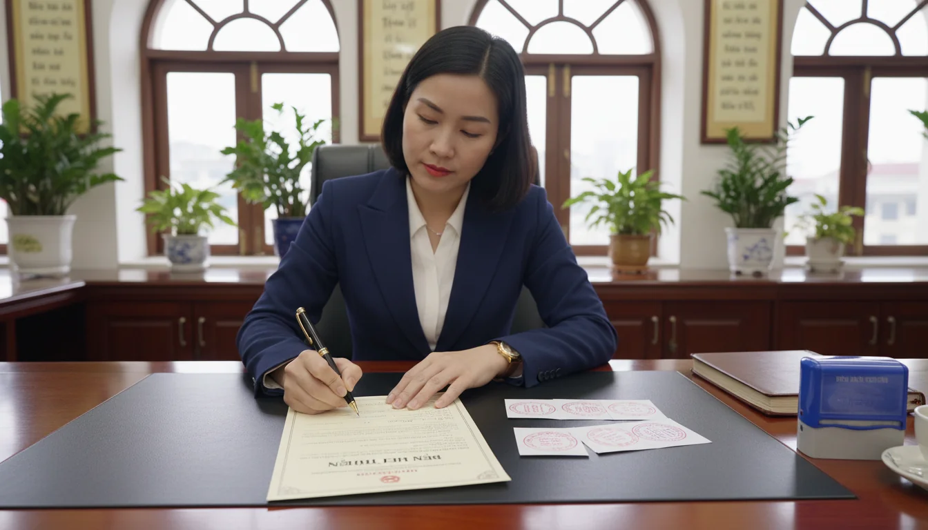 Signing corporate payment receipt in Vietnam