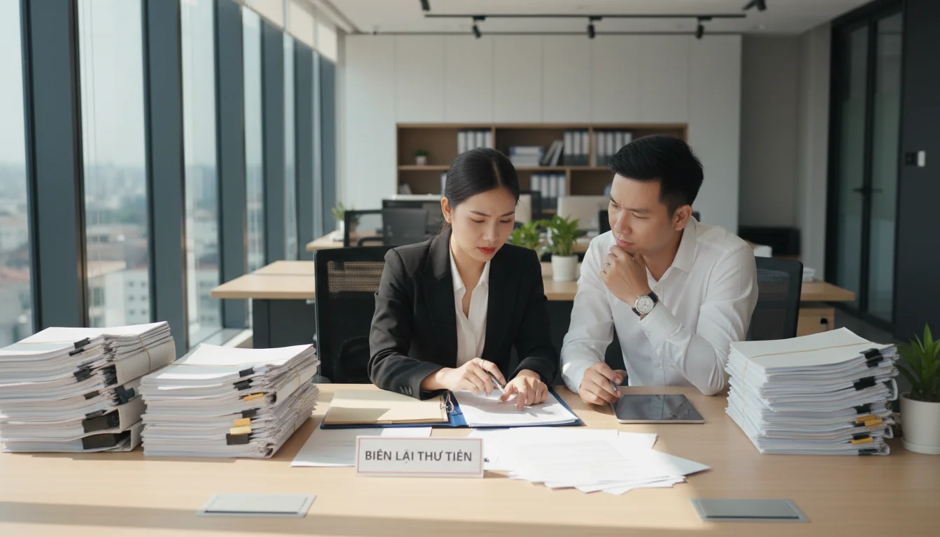 Vietnamese office workers reviewing documents