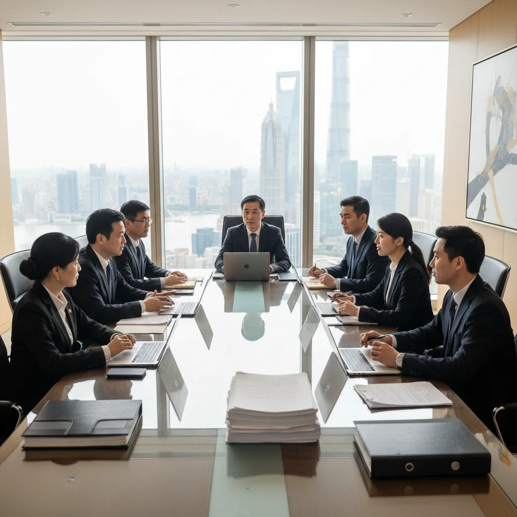 A photorealistic image of a professional business meeting in a modern Chinese corporate office, where executives are discussing formal documents and procedures, symbolizing the importance of official corporate paperwork in China. The scene includes adults only, seated around a conference table with laptops and papers, conveying trust and formality in business dealings.