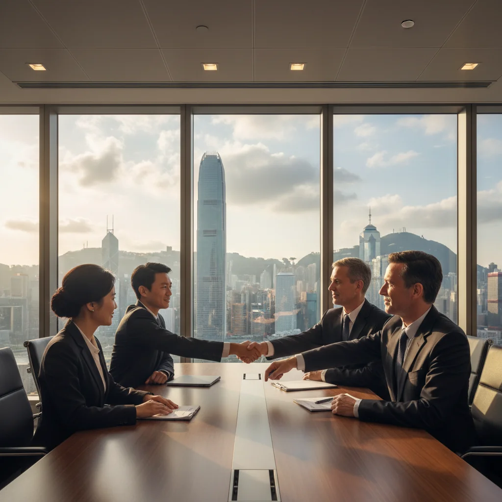 A professional business scene in a modern Hong Kong office, showing a diverse group of adult corporate professionals shaking hands over a conference table, symbolizing the formal agreement and official documentation in corporate dealings, with the iconic Hong Kong skyline visible through large windows in the background, evoking trust and formality in business transactions.
