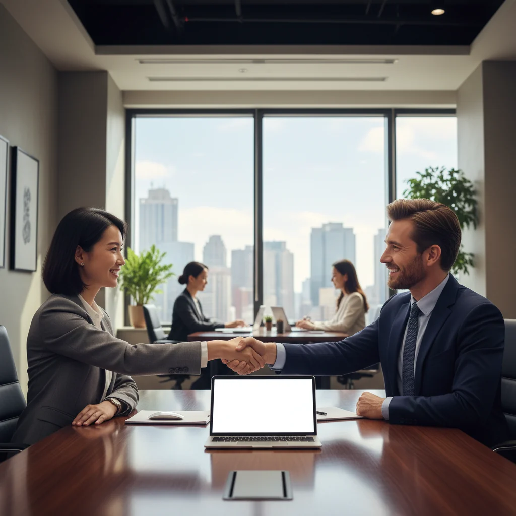 A photorealistic image depicting a professional business handshake between two adults in a modern office setting, symbolizing agreement and mutual obligations in a sales contract, with elements like a product on the table to represent the purchase and sale transaction.