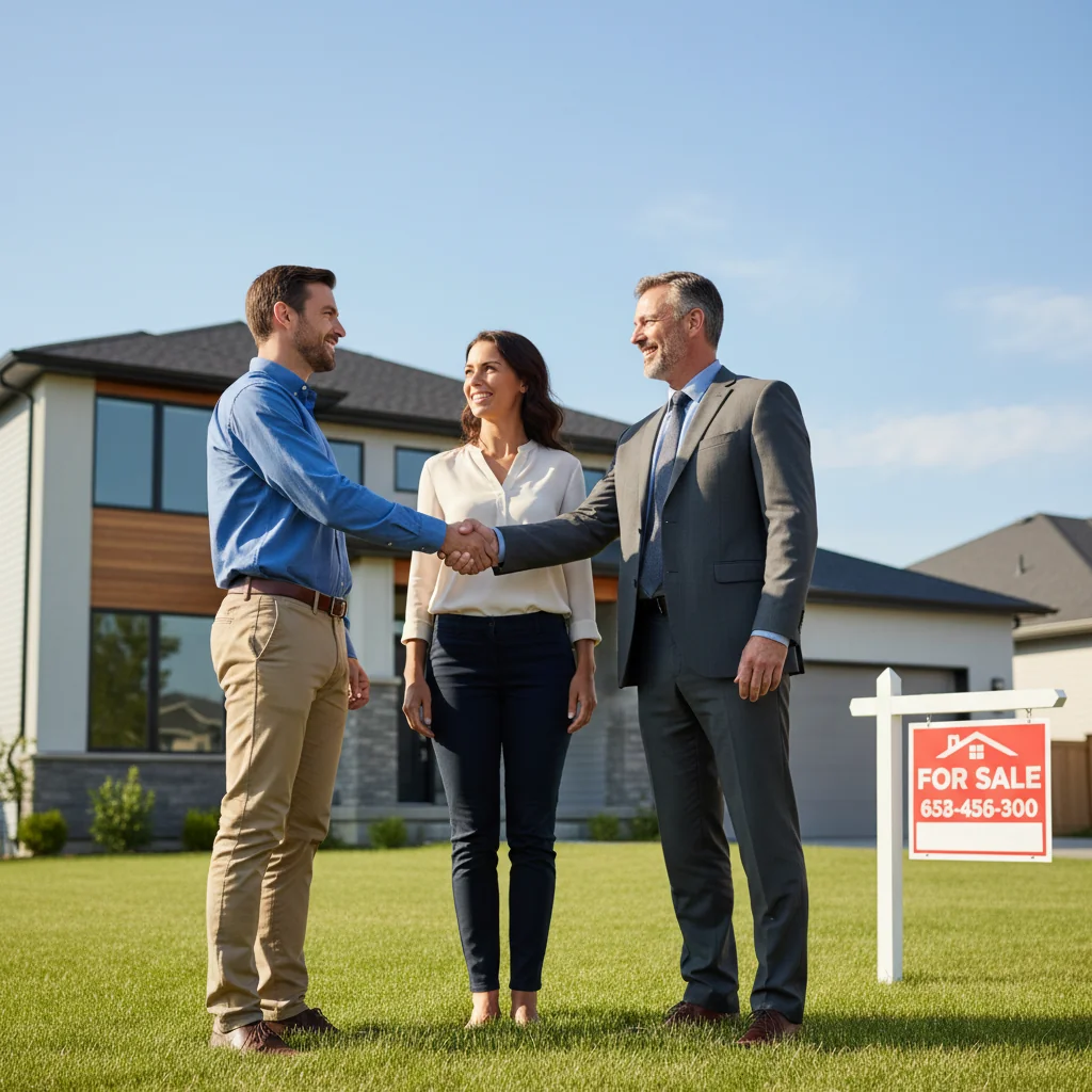 A photorealistic image of a professional adult couple in their 30s shaking hands with a real estate agent over a property deal, standing in front of a modern house exterior on a sunny day, symbolizing a successful real estate transaction.