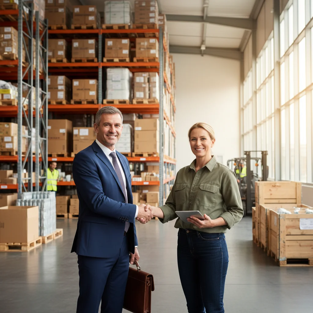 A photorealistic image of two professional adults, a buyer and a seller, shaking hands in a modern warehouse filled with neatly stacked goods and boxes, symbolizing a successful business transaction and agreement on goods purchase, conveying trust and commerce without any documents visible.