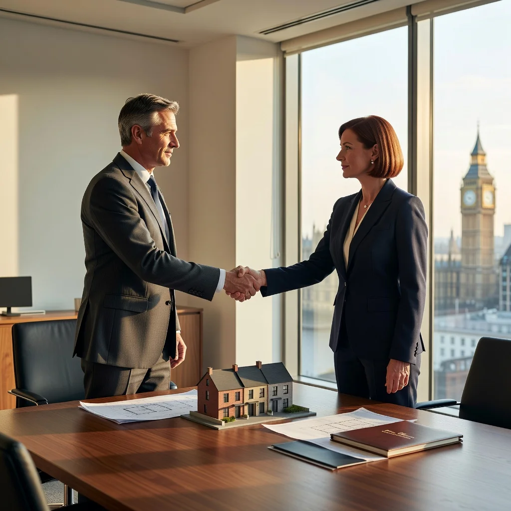 A photorealistic image of two adult professionals, a man and a woman in business attire, shaking hands across a conference table in a modern office, with a blurred city skyline visible through the window behind them, symbolizing a successful property transaction agreement in the UK.