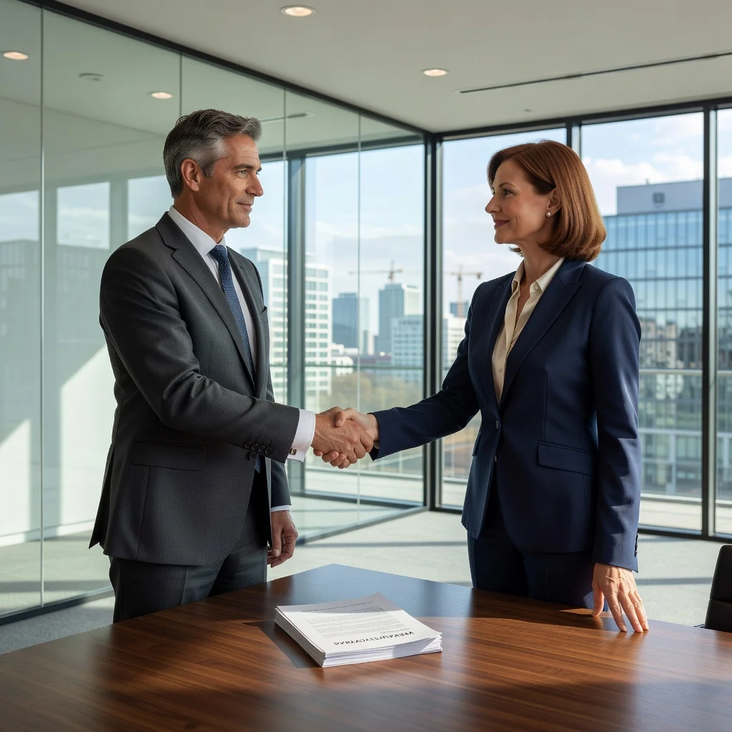 A photorealistic image of two professional adults in a modern office setting, shaking hands over a conference table to symbolize the agreement and trust in a sales contract under German law. The atmosphere is professional and positive, with subtle German elements like a flag in the background, but no legal documents visible. No children are present.