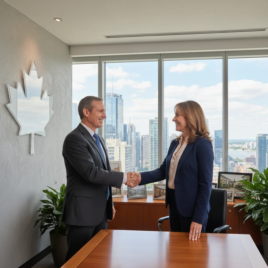 A photorealistic image of two professional adults, a buyer and a seller, shaking hands in a modern Canadian real estate office, symbolizing a successful property transaction agreement, with Canadian flag elements in the background.